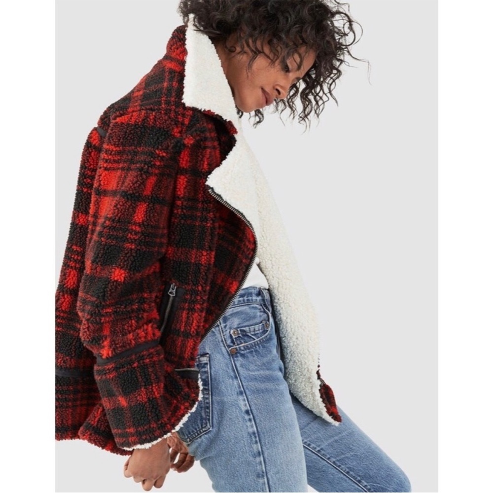 FAHERTY Montana Faux Shearling Moto Coat in Red Mountain Plaid Size Medium